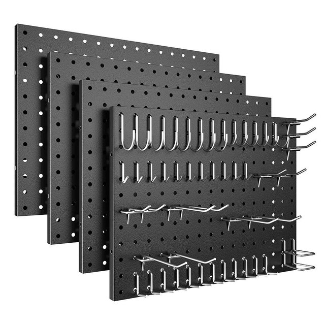 Spampur Peg Board, 4 Pack Metal Pegboard Panels White & Black Pegboards Wall Organizer with 50 Pcs Hooks, Peg Board for Walls Home, Garage Tool Storage, Office Organization, Kitchen, Craft Room