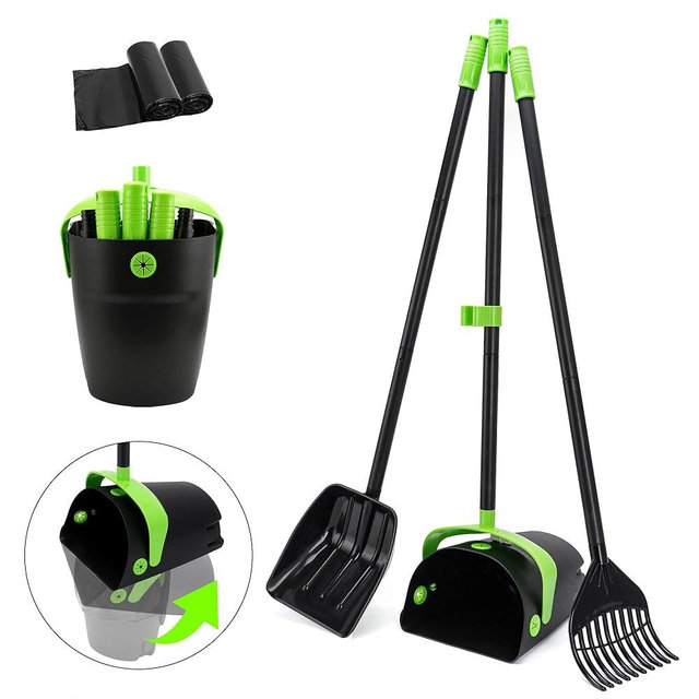 ibestbuy Pooper Scooper Swivel Bin & Rake & Spade Kit with Waste Bags, Max 50" Long Handle Adjustable Portable Non-Breakable for Large Medium Small Dogs, Dry and Wet Poop，Lawn Yard Dog Kennel