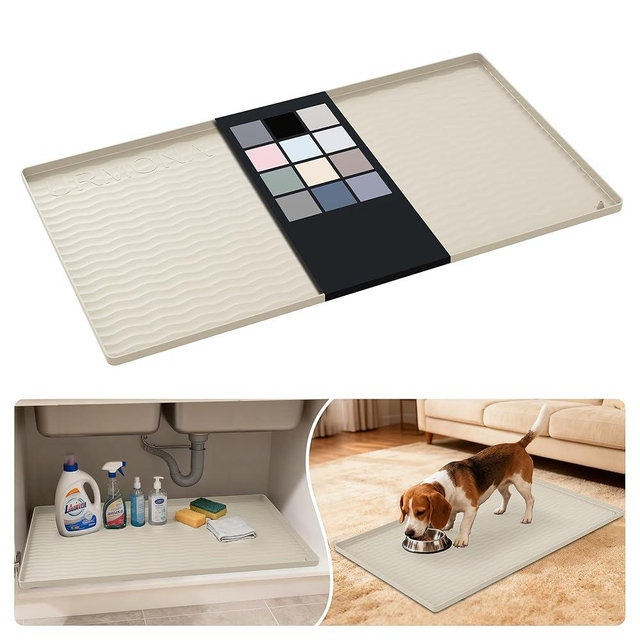 URMONA Waterproof Silicone Under Sink Mat 34'' x 19'' Shelf Liner for Kitchen and Bathroom, Cabinet and Counter Protector, Storage and Organizers, Litter Mat, Pet Cat Puppy Essentials(Cream)
