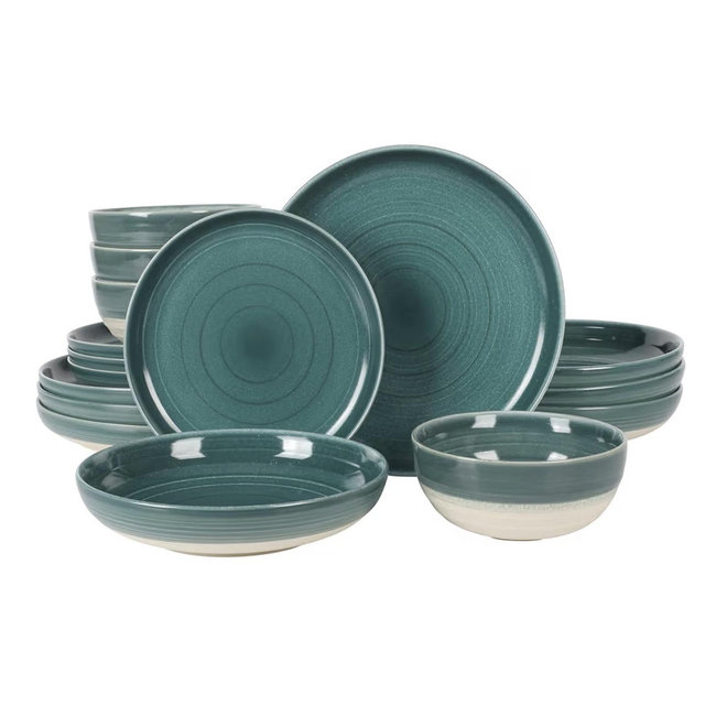 Gibson Elite Clarina 16 Piece Double Bowl Stoneware Reactive Glaze Round Plates and Bowls Dinnerware Set - Teal