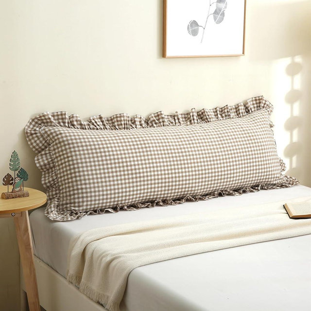 Jilboo Vintage Gingham Ruffled Pillow Sham 20x54 Inches -Warm Taupe/White Plaid Farmhouse Decor | 100% Washed Cotton Checkered Body Pillow Cover for Bed, Sofa, Couch (1pc)