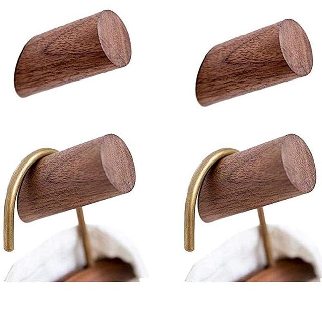 Wood Wall Hooks, 4 Pack Coat Hooks Wall Mounted | Felidio Rustic Wooden Hooks Heavy Duty Robe Hook Hat Rack | Hooks for Hanging Bathroom Towels Clothes Hanger (Walnut Wood)
