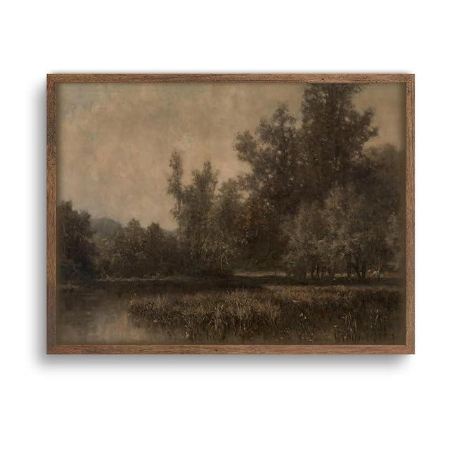 YSDPIC Vintage Forest Landscape Wall Art with Dark Wood Frame – 12x16 Inch Rustic Tree and Lake Painting, Curated Canvas Picture for Living Room, Study, Farmhouse, or Gift for Nature Lovers