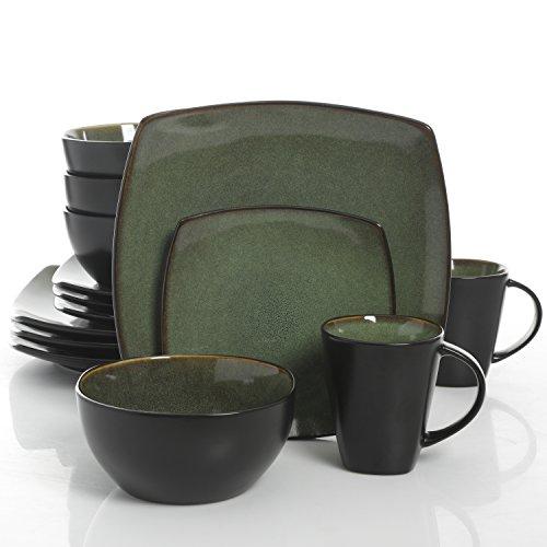 Gibson Overseas, Inc. 99811.16R Gibson Elite Soho Lounge 16pc Reactive Glaze Dinnerware Set “New Color” Sherwood Forest Green and Black Tutone, 16-Piece,