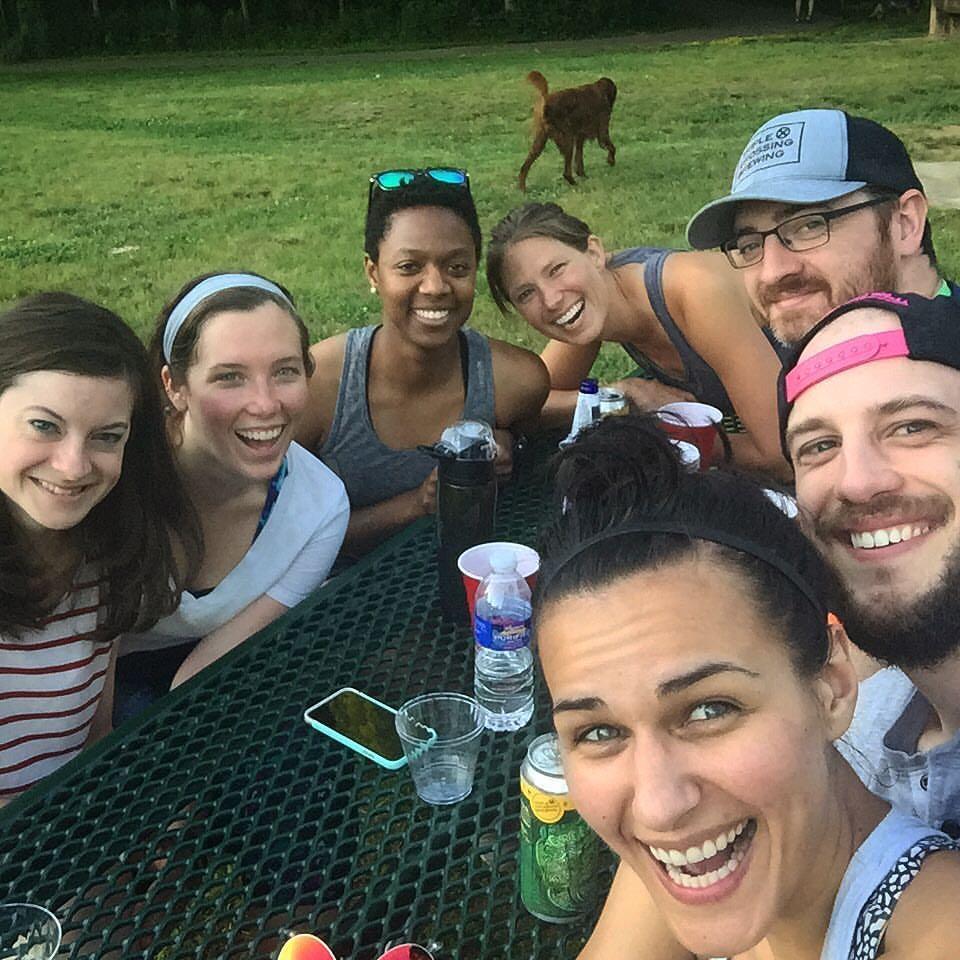 Pals (Steph, Mel, Austin, Jeanne, Kevin) at Riverview Park in Charlottesville, VA in summer 2017.