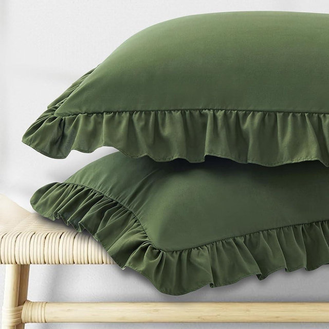 KKJIAF Ruffle Pillow Cases Queen Size Set of 2, Ruffled Pillow Covers with Envelope Closure, Wrinkle Resistant Pillowcases 20" x 30", Ruffled Pillow Shams, Olive Green