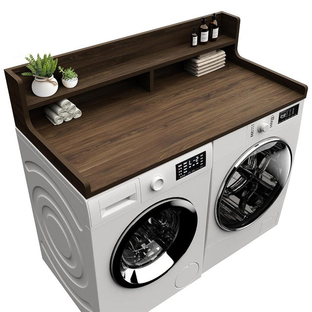 FZGhome Washer Dryer Countertop, 54" x 27.55" 2-Tier Washer Dryer Topper with Edge, for Laundry Room Organization Walnut Brown