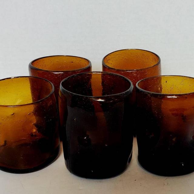 Vintage Dark Brown Amber Highball Blown Dimpled Cocktail Glasses Set of 5