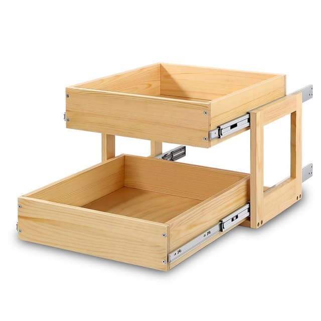 Mulush Pull Out Cabinet Organizer, 26''W×21''D×16''H Soft Close Slide Out Wood Drawer Shelves Storage for Kitchen, 2-Tier, Finished, Heavy-Duty, Bottom Assembly