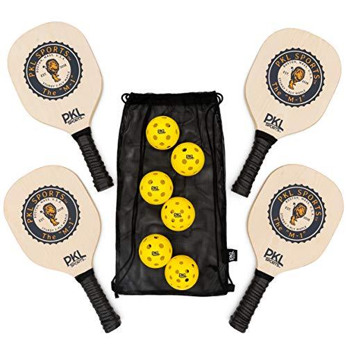 PKL Sports Pickleball Paddle Set of 4 Maple Wood Paddles 3 Indoor Balls 3 Outdoor Balls Mesh Bag - Great Rackets for Beginners