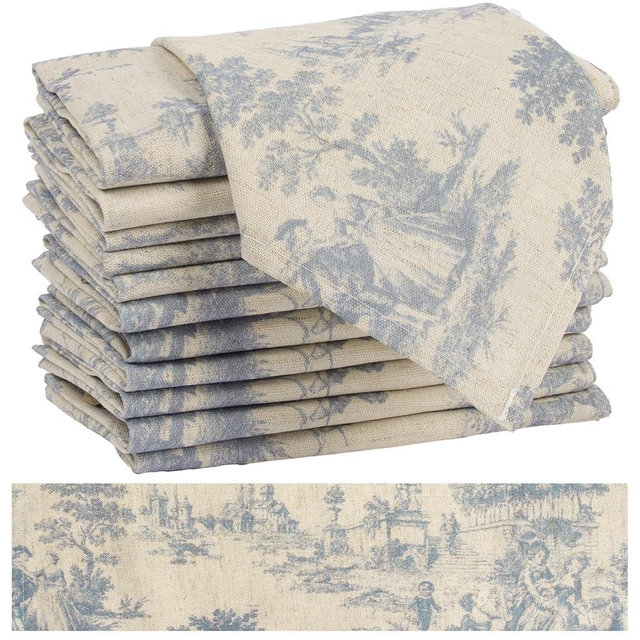 Blue Vintage Cloth Napkins Set of 12 - French Country Toile de Jouy Reusable Napkins 15x15 Inch - Shabby Chic Linen Cotton Dinner Napkins Towels for Everyday Use,Machine Washable Dish Cloth Gift