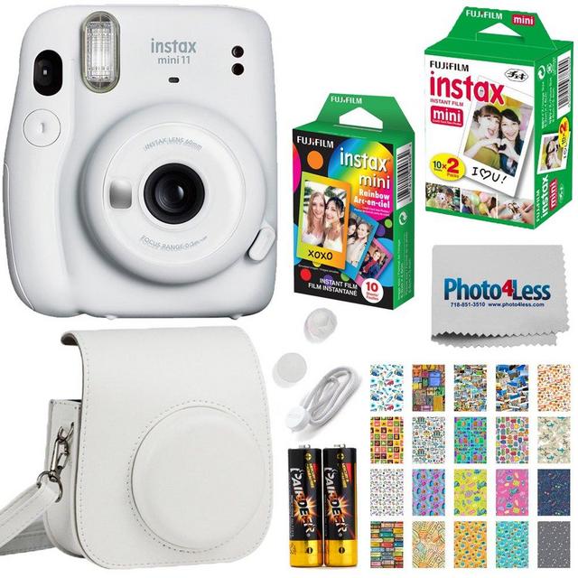 Fujifilm Instax Mini 11 Instant Camera (Ice White) | Twin Pack Film | Rainbow Film | Case | Stickers - Complete Kit