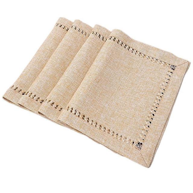 Grelucgo Set of 4 Handmade Hemstitch Beige Table Placemats, Rectangular 12 by 18 Inch