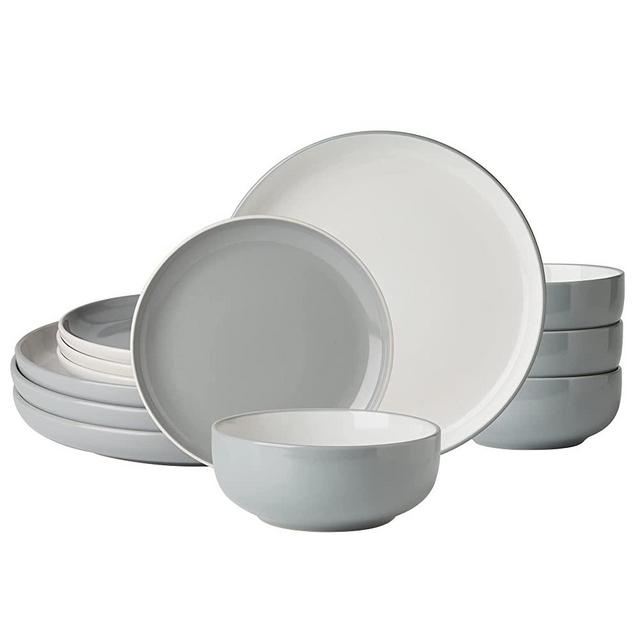 GBHOME Ceramic Dinnerware Sets,Double Color Glaze Plates and Bowls Set,Highly Chip and Crack Resistant | Dishwasher & Microwave Safe | Round Dishes Set Service for 4 (12pc)-white&Grey