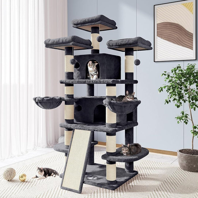 Allewie 68 Inches Cat Tree/Cat Tree House and Towers for Large Cat/Cat Climbing Tree with Cat Condo/Cat Tree Scratching Post/Multi-Level Large Cat Tree/Smokey Grey