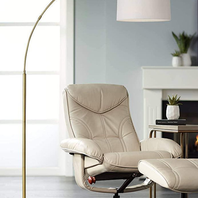 Cora Mid Century Modern Glam Style Tall Arched Lamp Floor Standing Brass Metal White Drum Shade for Living Room Reading House Bedroom Home Office - 360 Lighting