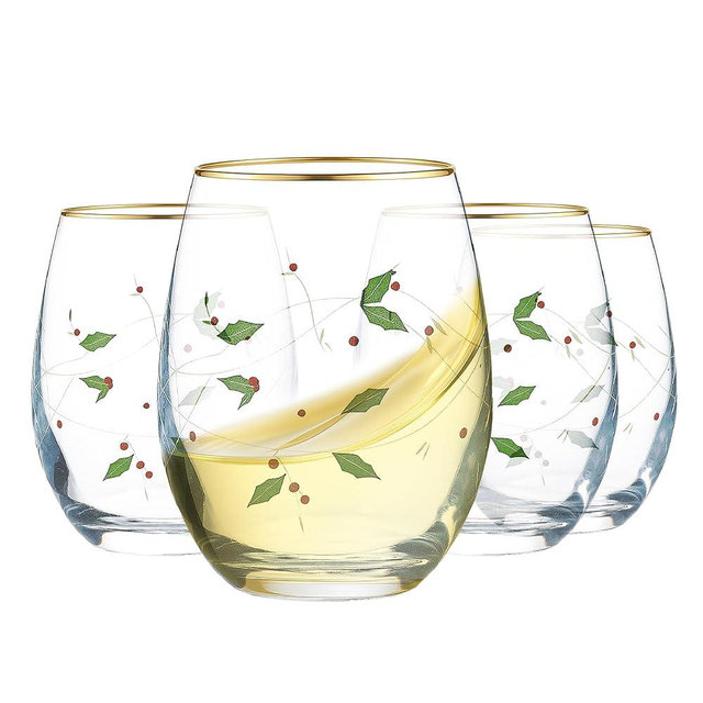 Gusto Buono Christmas Wine Glasses Set of 4, 23 oz Stemless Wine Glass — Chip Resistant Borosilicate Drinking Glasses for Red or White Wine - Italian Handmade with Red & Green Holly Leaf Design