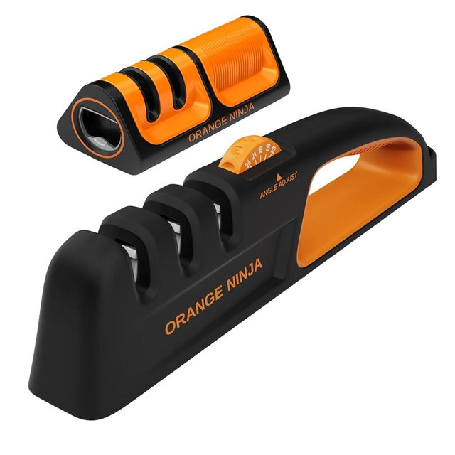 Orange Ninja Complete Kitchen Knife Sharpening Bundle – 5-Angle Adjustable Sharpener & Compact 2-Stage Mini Sharpener with Bottle Opener & Fridge Attachment