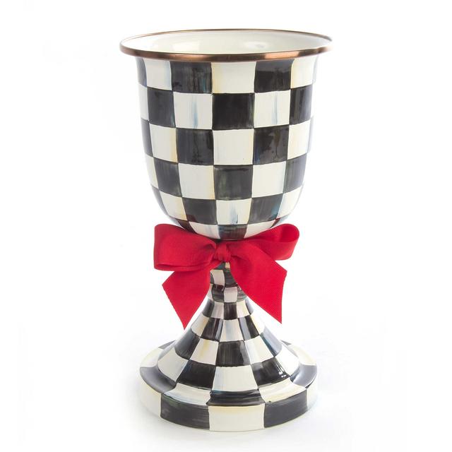 MACKENZIE-CHILDS Courtly Check Pedestal Vase with Red Bow, Black/White