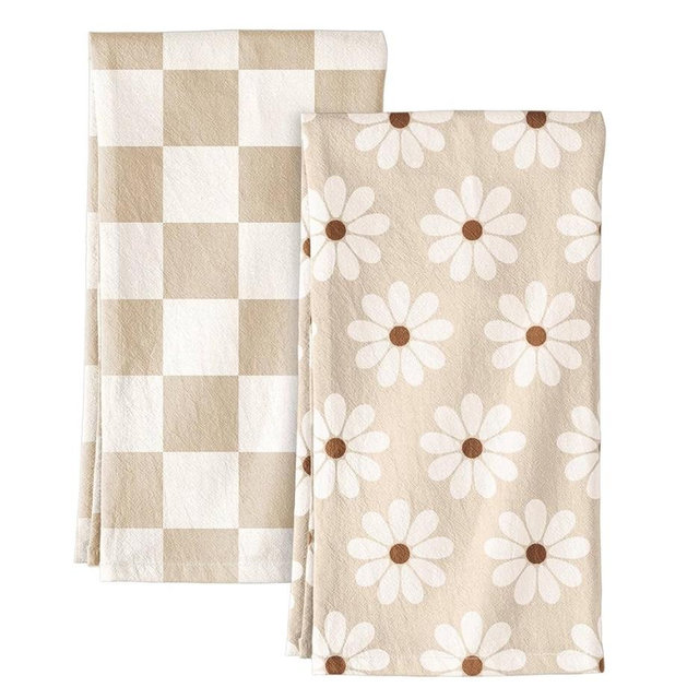 2 Pack Flour Sack Kitchen Towels - 16x26 Inch Cotton Dish Towels with Hanging Loop Reusable Geometric Boho Modern Retro Tea Towel Absorbent Dishcloths Home Decor, Beige Checkered Flower