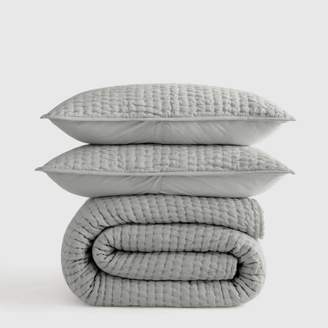 European Linen Cotton Stitch Quilt Set - Mist, Full/Queen