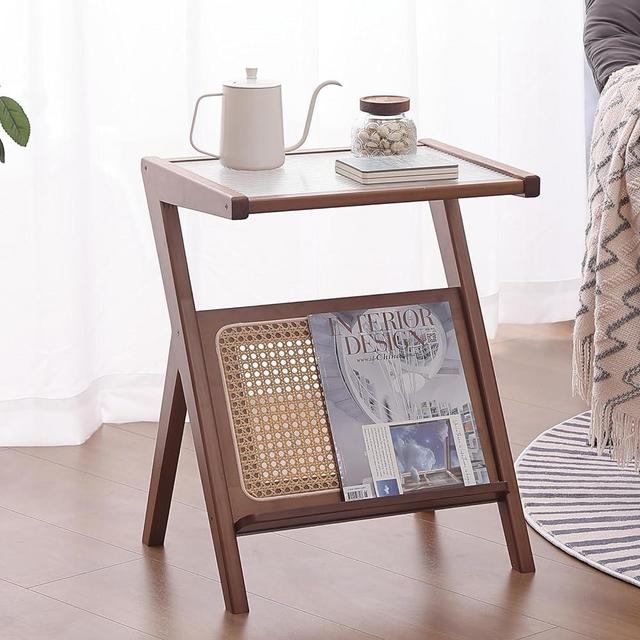 Givjoy Rattan Side Table, Glass Mid Century Nightstand, Wood Side Coffee Table for Small Space, Living Room and Bedroom, Bamboo Accent Bedside Tables