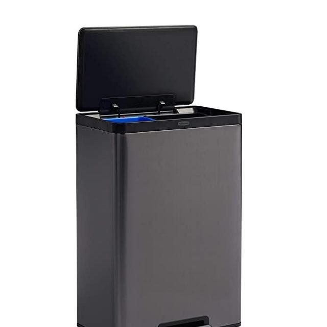 Rubbermaid Elite Stainless Steel Metal Dual Stream Step-On Trash Can for Home and Kitchen Waste and Recycling, 10.5 Gallon, Charcoal