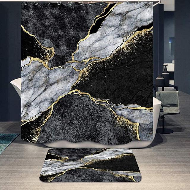Black Grey & Gold Texture Marble Shower Curtain Set and Non-Slip Mat Rugs for Bathroom Abstract Art Marble Bath Curtain Decor with 12 Hooks (72"x72") (Marble Texture)
