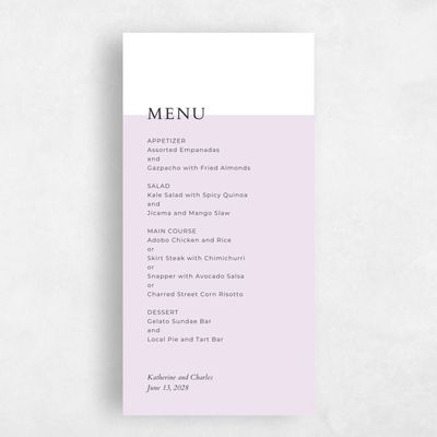 Lilac, Purple Wedding Menu - Morrison