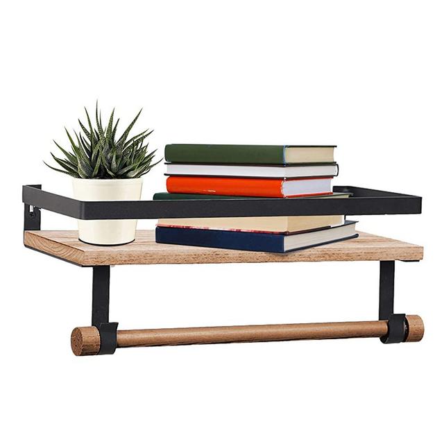 Halter Wall Mounted Floating Shelf with Rail and Wooden Towel Rod for Kitchen and Bathroom, Brown Wood