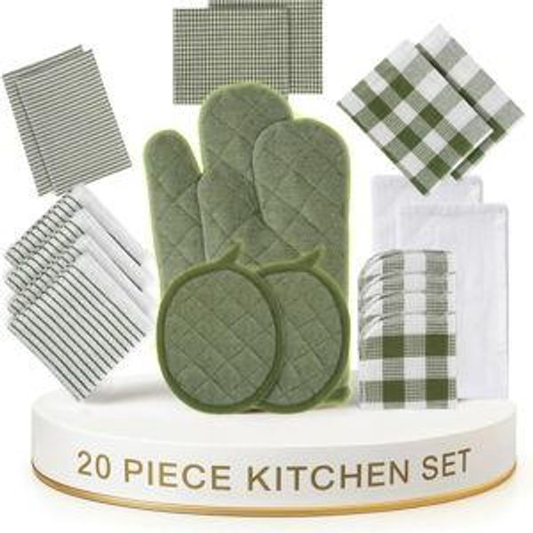 LANE LINEN Kitchen Towel and Pot Holder Sets 20 Pc - Eco Friendly Reusable Cotton Dish Towels, Soft Flour Sack Tea Towels, Absorbent Kitchen Hand Towels, Heat Resistant Oven Mitts for Cooking - Olive
