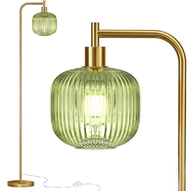 QiMH Glass Floor Lamp for Living Room, Modern Standing Lamp with Ribbed Glass Lampshade Pedal Switch, 67” Tall Lamp for Bedroom Study Room, Brushed Gold (2700K LED Bulb Included)