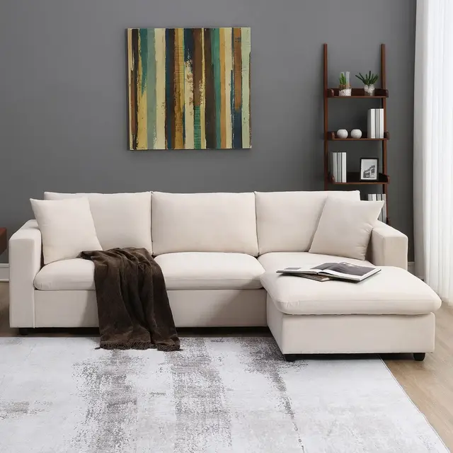Whisen Modern L-shaped Sectional Sofa Set with Convertible Ottoman and 2 pillows, Minimalist Style 4-seat Couch Set - Beige