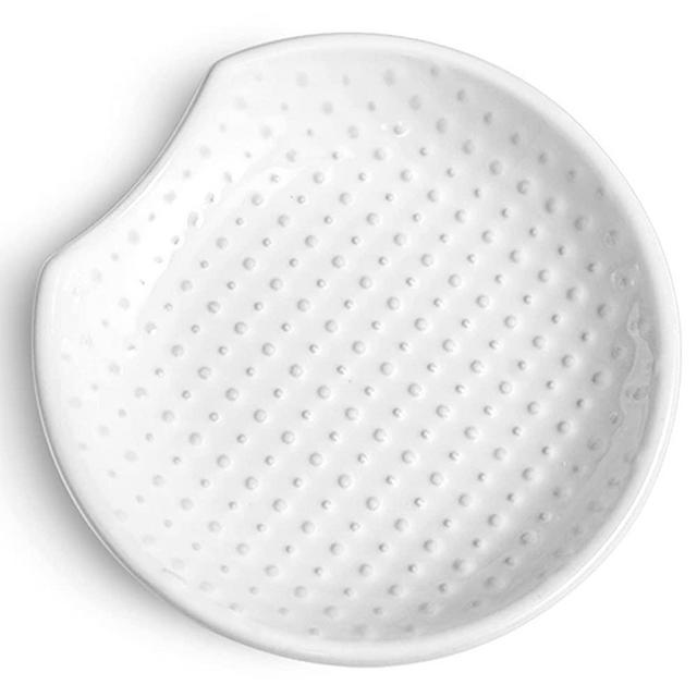 LE TAUCI Ceramic Spoon Rest for Counter, Embossment Farmhouse Gift, Coffee Spoon Holder, Stove Top Protection, Kitchen Decor, Accessories for Countertop - 4.8 inch, Set of 1, White, Cushion Dot