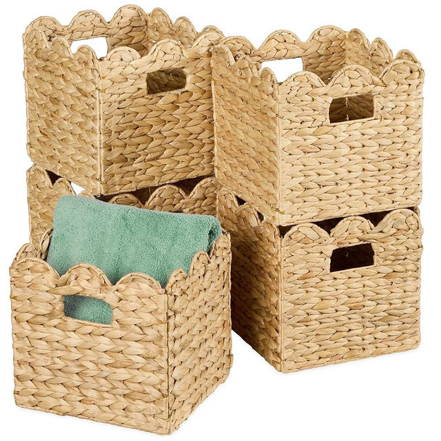 Best Choice Products 10.5x10.5in Scalloped Hyacinth Baskets, Set Of 5 Multipurpose Collapsible Storage Organizer, Handwoven Laundry Totes for Bedroom, Living Room, Shelves – Natural