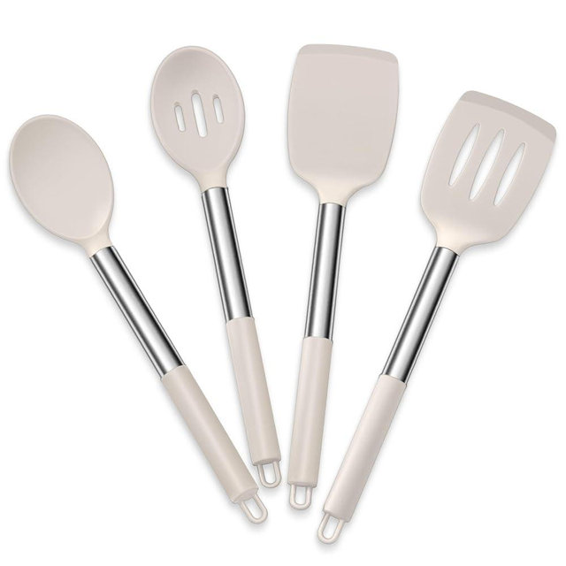 E-far Cooking Utensils Set of 4, Silicone Kitchen Utensils for Non-stick Cookware, Heat Resistant & Non-toxic Slotted Spatula Solid Spoon Turner for Flipping Mixing Serving Basting(Khaki)