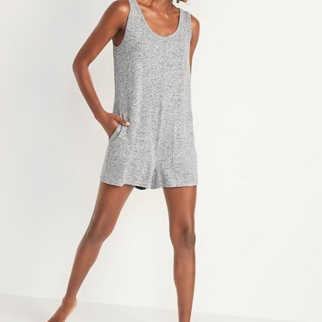 Sleeveless Plush-Knit Pajama Romper for Women -- 3-inch inseam