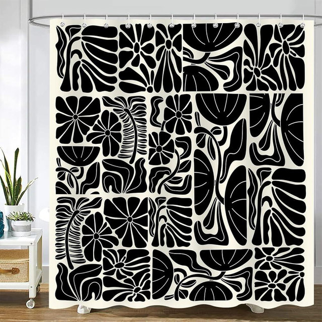 Emwnodti Boho Abstract Floral Shower Curtain, Vintage Patchwork Black Plant Mid Century Bathroom Decoration, Polyester Fabric Waterproof Bath Curtain 72x72 Inch with 12 Hooks