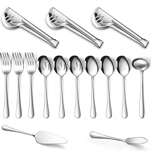 Serving Utensils Include Large Serving Spoons Slotted Serving Spoons Serving Forks Serving Tongs Soup Ladle and Pie Server Buffet Catering Serving Utensils for Dishwasher Safe (Silver, 15)