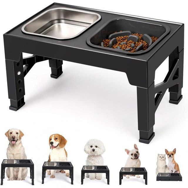 Niubya Elevated Dog Bowls, with Slow Feeder Bowl and Stainless Steel Dog Food Bowl, Raised Dog Bowls Adjusts to 5 Heights (3.15", 8.66", 9.84",11.02", 12.2") for Small Medium and Large Dogs