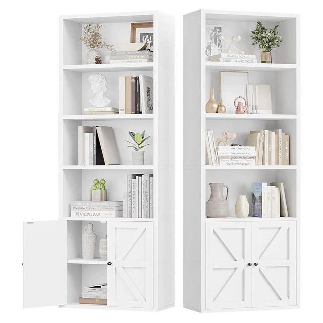 oneinmil 6 Tier Bookshelves and Bookcase with Doors Industrial Set of 2 Double Wide Floor Standing Book Shelf 71" Tall Display Shelves Bookshelf with Storage Cabinets for Living Room White