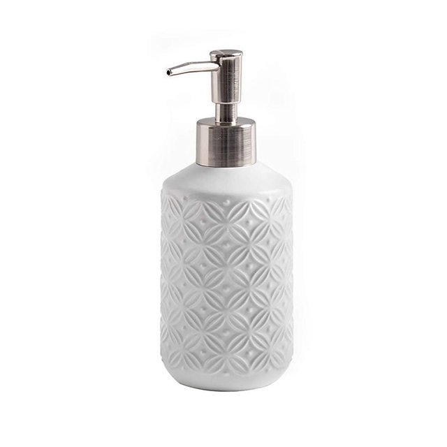 FE Soap Dispenser, 13.5oz Soap Dispenser Bathroom, Ceramic Hand Soap Dispenser with Vintage Emboss Design, Refillable Dish Soap Dispenser for Kitchen & Bathroom (White)