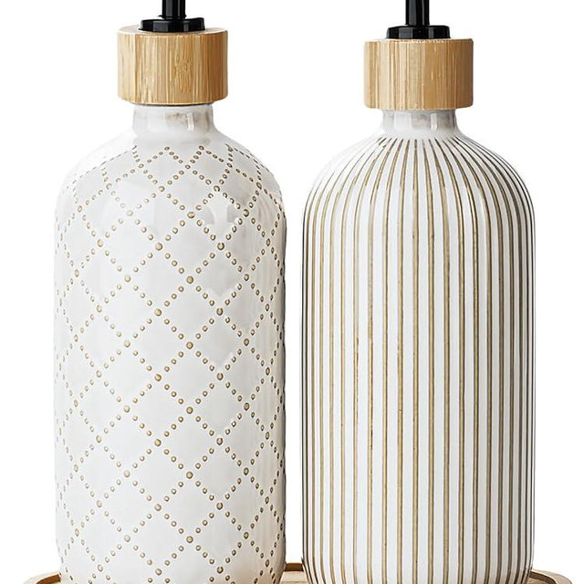 Getstar Hand and Dish Soap Dispenser Set, Ceramic Soap Dispenser for Bathroom and Kitchen with Rust Proof Pump and Tray, Set of 2