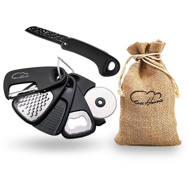 Kitchen Gadgets Set 6 Piece, Space Saving Kitchen Utensils Stainless Steel Accessories Cheese Grater, Bottle Opener, Pizza Cutter, Vegetable Peeler, Paring Knife, Garlic Grinder, Burlap Bag Gift(BLK)