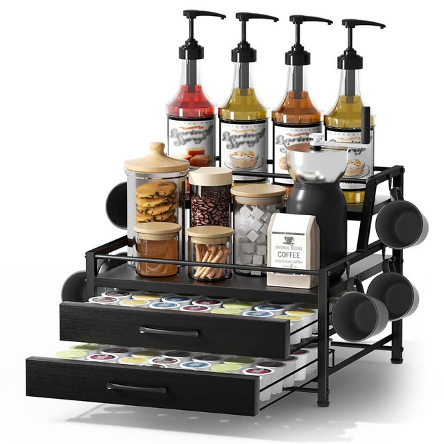 Homsorout Coffee Syrup Rack Organizer - 4-Tier 8 Syrup Wine Bottles Stand with 82 Storage Drawer for K Cups, Coffee Pod Holder for Countertop, Bar Station, Kitchen, Black