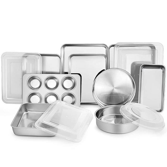 TeamFar Stainless Steel Bakeware Set, 13-Piece Metal Baking Roasting Pans with Lid, Rectangular / Square / Round / Lasagna / Loaf / Muffin Cake Pans, Non-Toxic & Durable, Smooth & Dishwasher Safe