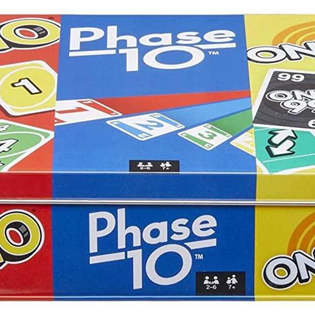 ​3 Card Game Tin, UNO Card Game, Phase 10 Game and ONO 99 Card Game. 3 Mattel Playing Decks, Decorative Storage Container, Game Night 7 Years & Older