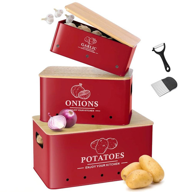 Dekosilave Kitchen Vegetable Storage Set of 3, Metal Onion Garlic Potato Storage Set, Kitchen Canisters Vegetable Keeper Containers with Aerating Holes and Wooden Lid (Red)
