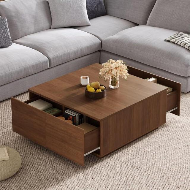 JIJIWANG 33.25" Movable Coffee Table Square, with 4 Hidden Storage Drawers Square Center Furniture for Living Room, Walnut