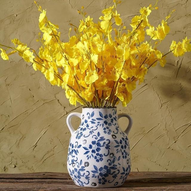 Blue and White Vintage Round Flower Vase with 2 Handles, Chinoiserie Floral Vase, Retro Ice Cracked Ceramic Large Vases for Home Decor, Living Room, Grand Millennial Decor, Chinoiserie Decor, 7.7 Inch